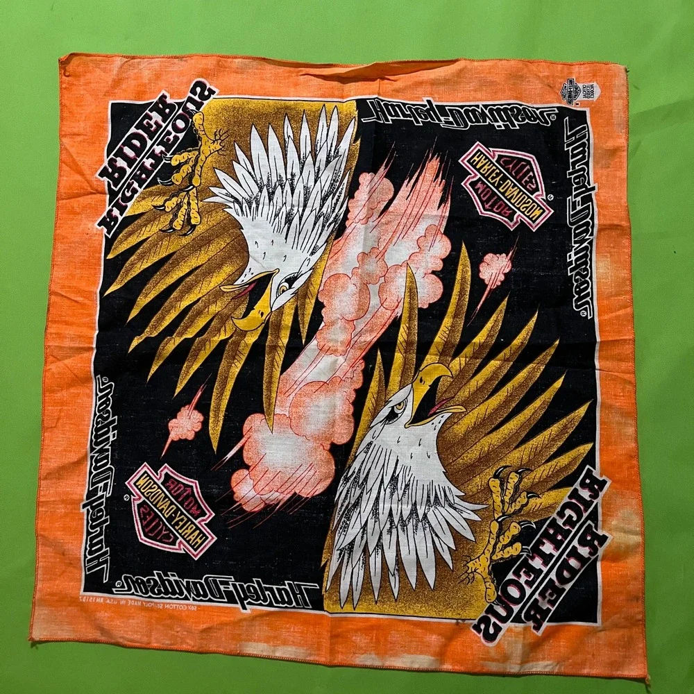 Harley Davidson Bandana Righteous Rider Eagle Orange Black Vintage 90s USA